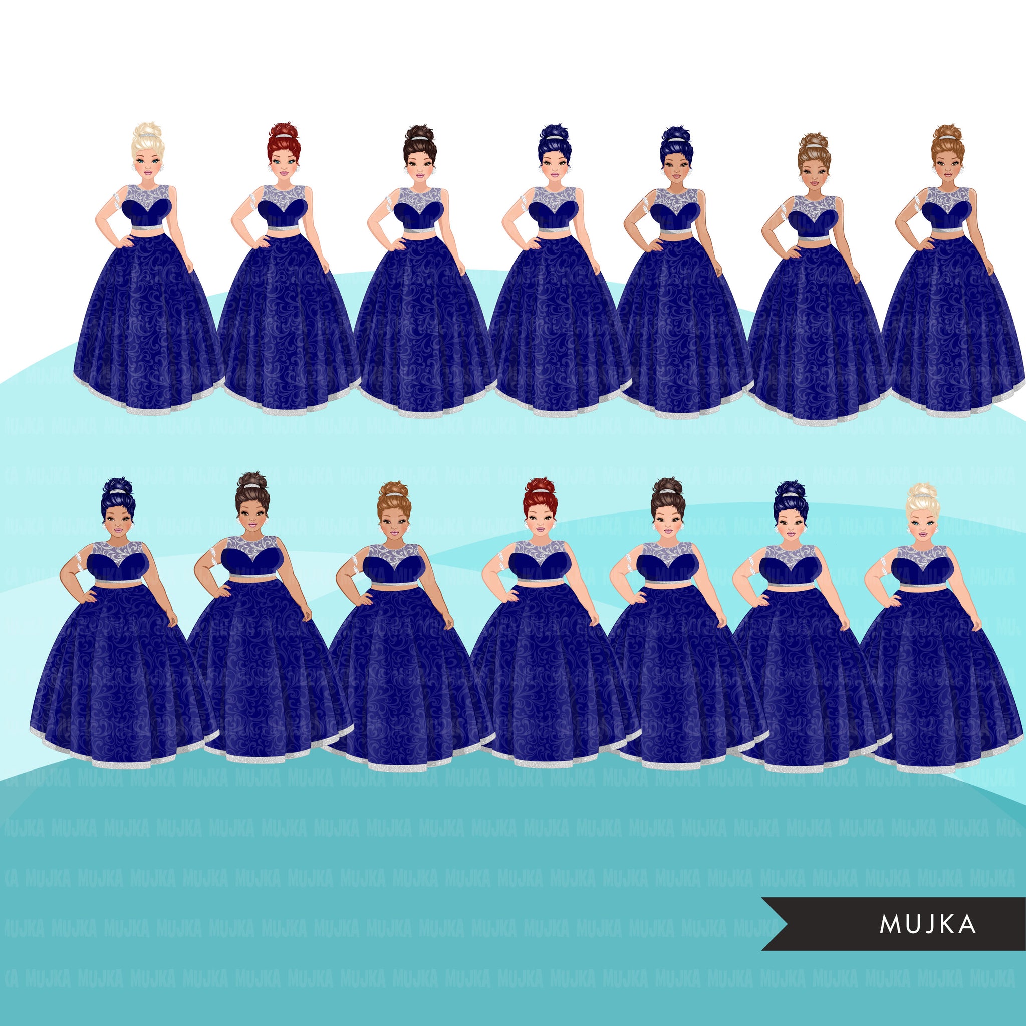 Clipart de moda, vestido azul, moño desordenado de mujer, hermanas, amigas con curvas, diseños de sublimación de hermandad descarga digital para Cricut