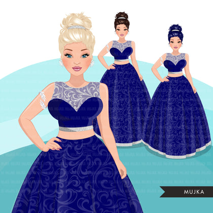 Fashion Clipart, blue dress, woman messy bun, sisters, curvy friends, sisterhood Sublimation designs digital download for Cricut