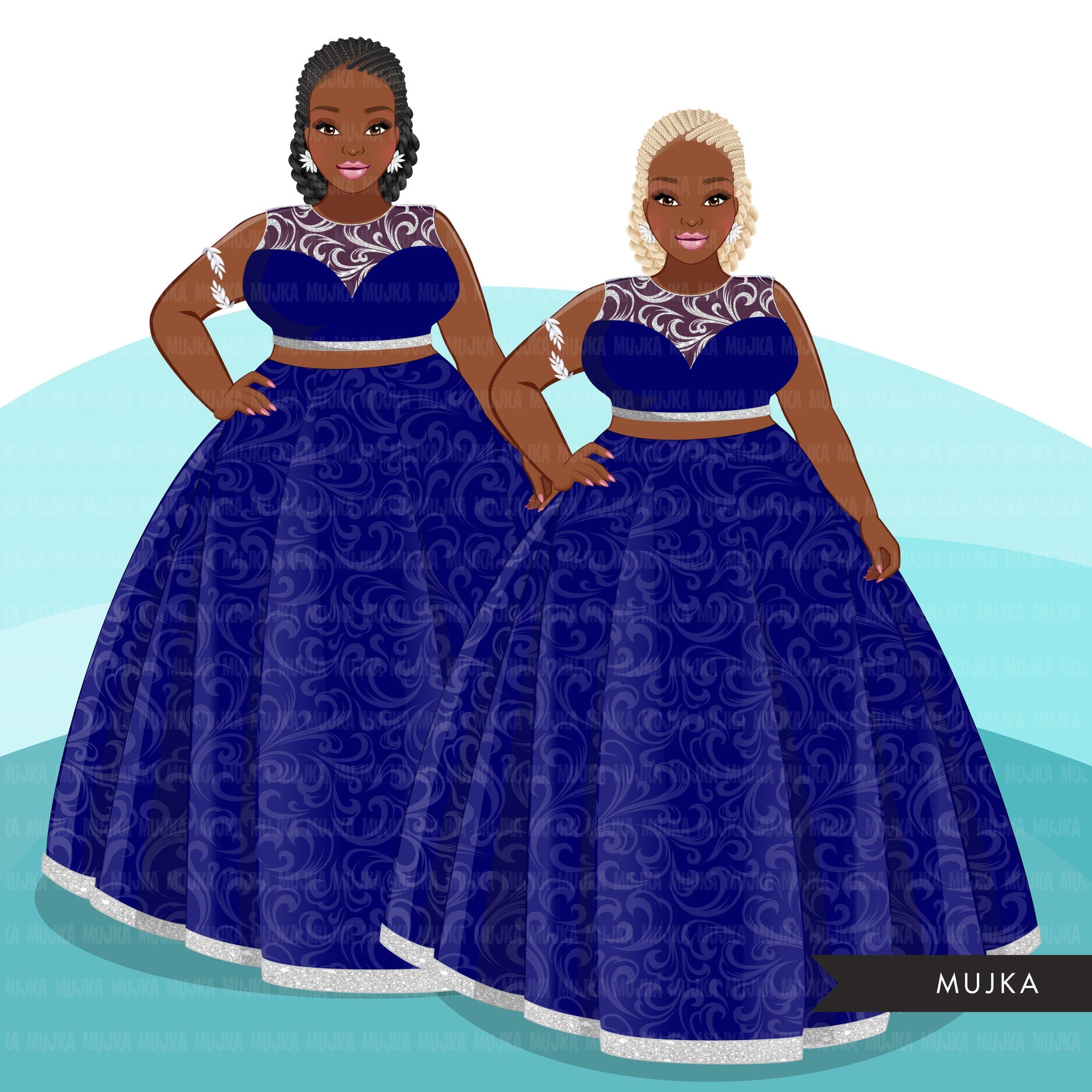 Clipart de moda, vestido azul, tranças de mulher negra, irmãs, amigas curvilíneas, irmandade Projetos de sublimação download digital para Cricut