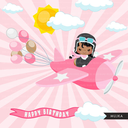Airplane clipart bundle, pilot graphics, pilot birthday sublimation designs digital download, birthday designs png, black boy and girl