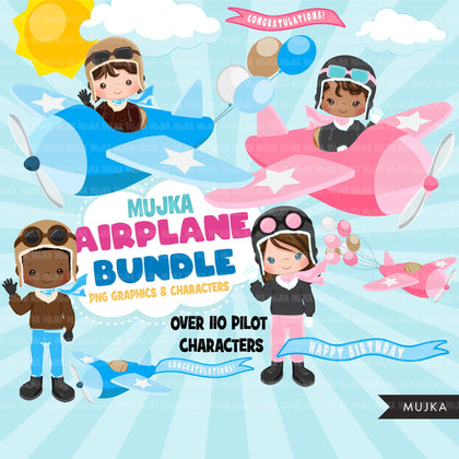 Airplane clipart bundle, pilot graphics, pilot birthday sublimation designs digital download, birthday designs png, black boy and girl