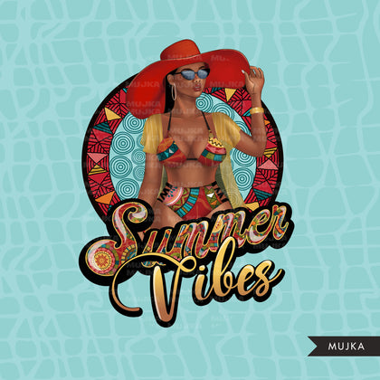 Summer Vibes PNG, Sublimation designs, Summer clipart, vacation digital papers, Beach Girls, Fashion girl clipart, black woman clipart