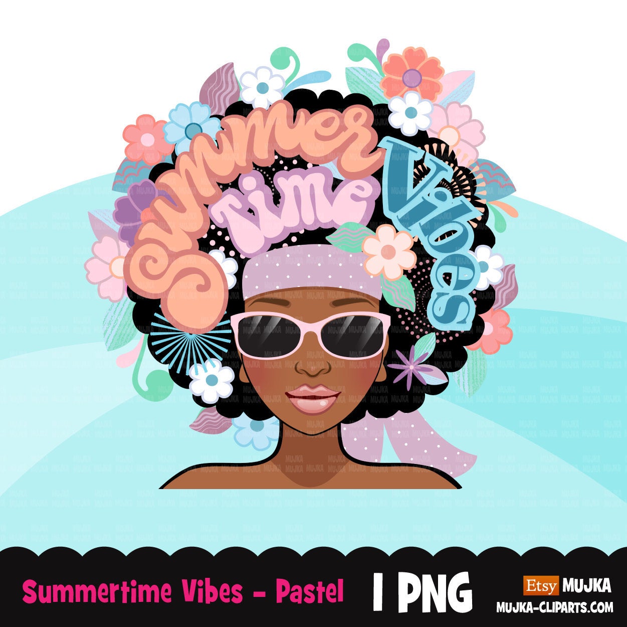 Summer vibes clipart, Black woman clipart, pastel floral afro sublimation designs download, summer quotes, tshirt designs, afro woman png