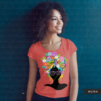African woman head wrap clipart, floral afro sublimation designs download, summer tshirt designs, black woman silhouette png