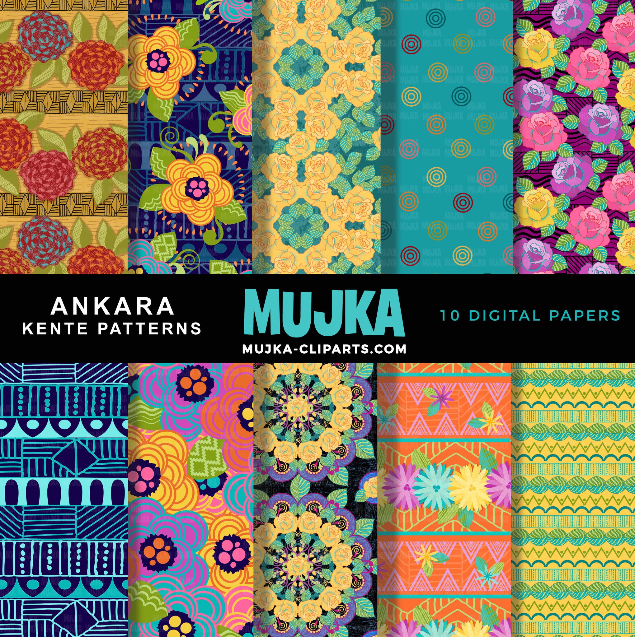 African digital papers, African patterns, Ankara Kente wax patterns, seamless digital patterns, floral texture, tribal backgrounds