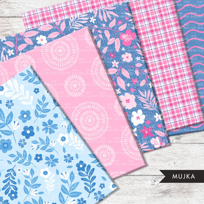 Pink & Blue Sorority digital papers, pink seamless patterns, sublimation designs, digital papers, floral papers, geometric patterns