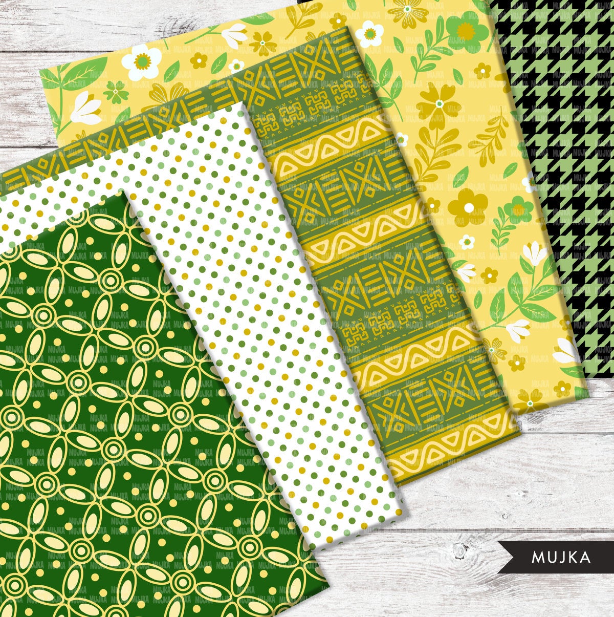 Green & gold Sorority digital papers, green seamless patterns, yellow sublimation designs, digital papers, floral papers, geometric patterns