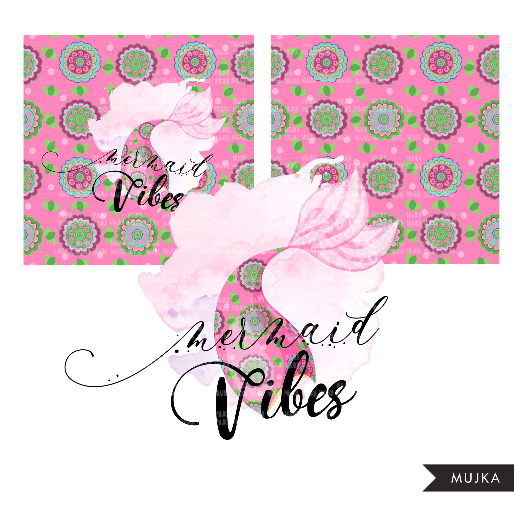 Mermaid vibes clipart, pink floral digital paper, summer vibes sublimation designs digital download, mermaid shirt, pink seamless pattern
