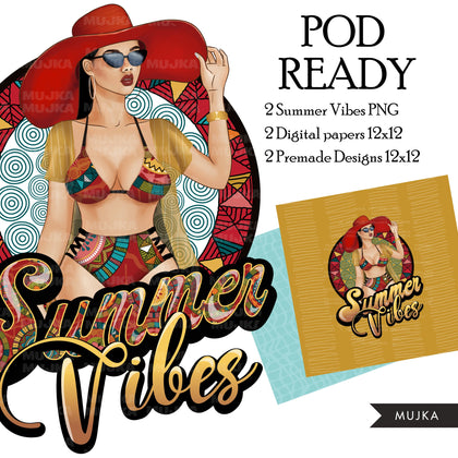 Summer Vibes PNG, Sublimation designs, Summer clipart, vacation digital papers, Beach Girls, Fashion girl clipart, summer girls graphics