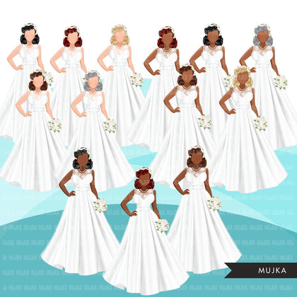 Fashion Clipart, bridal clipart, wedding png, sublimation designs, digital art, Black bride, Asian bride, Latino bride graphics, bride png