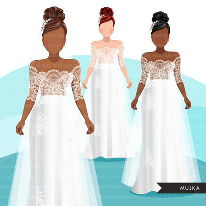 Bridal clipart, Fashion Clipart, wedding png, sublimation designs, digital art, Black bride, Asian bride, Latino bride graphics, bride png