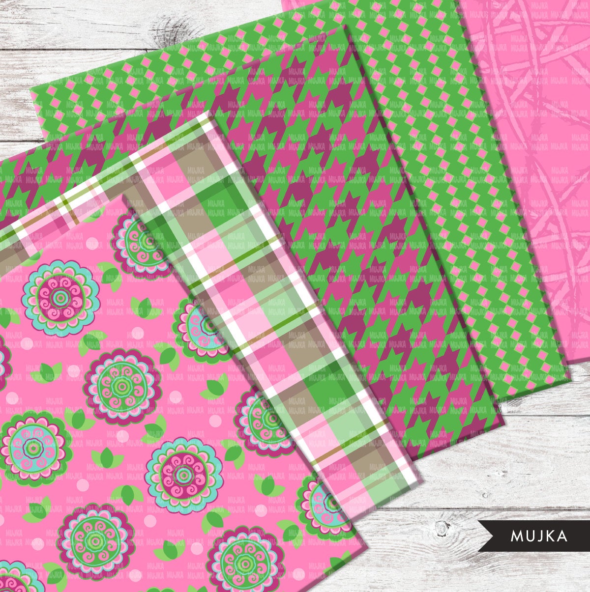 Pink & Green Sorority digital papers, pink seamless patterns, sublimation designs, digital papers, floral papers, geometric patterns