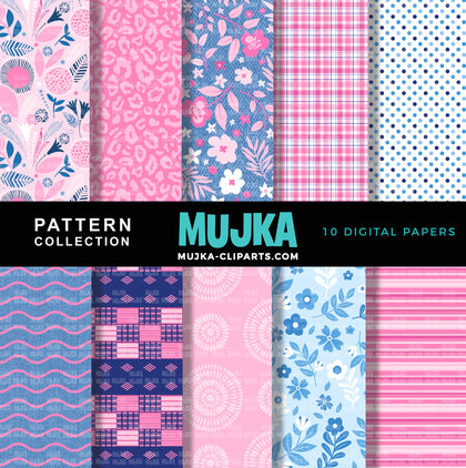 Pink & Blue Sorority digital papers, pink seamless patterns, sublimation designs, digital papers, floral papers, geometric patterns