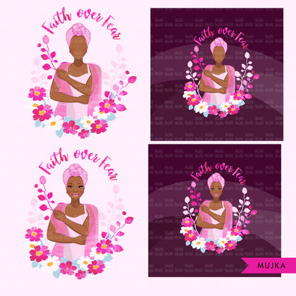 Breast Cancer Png, Breast cancer clipart, Faith over fear sublimation designs, breast cancer shirt, black woman png, pink ribbon png