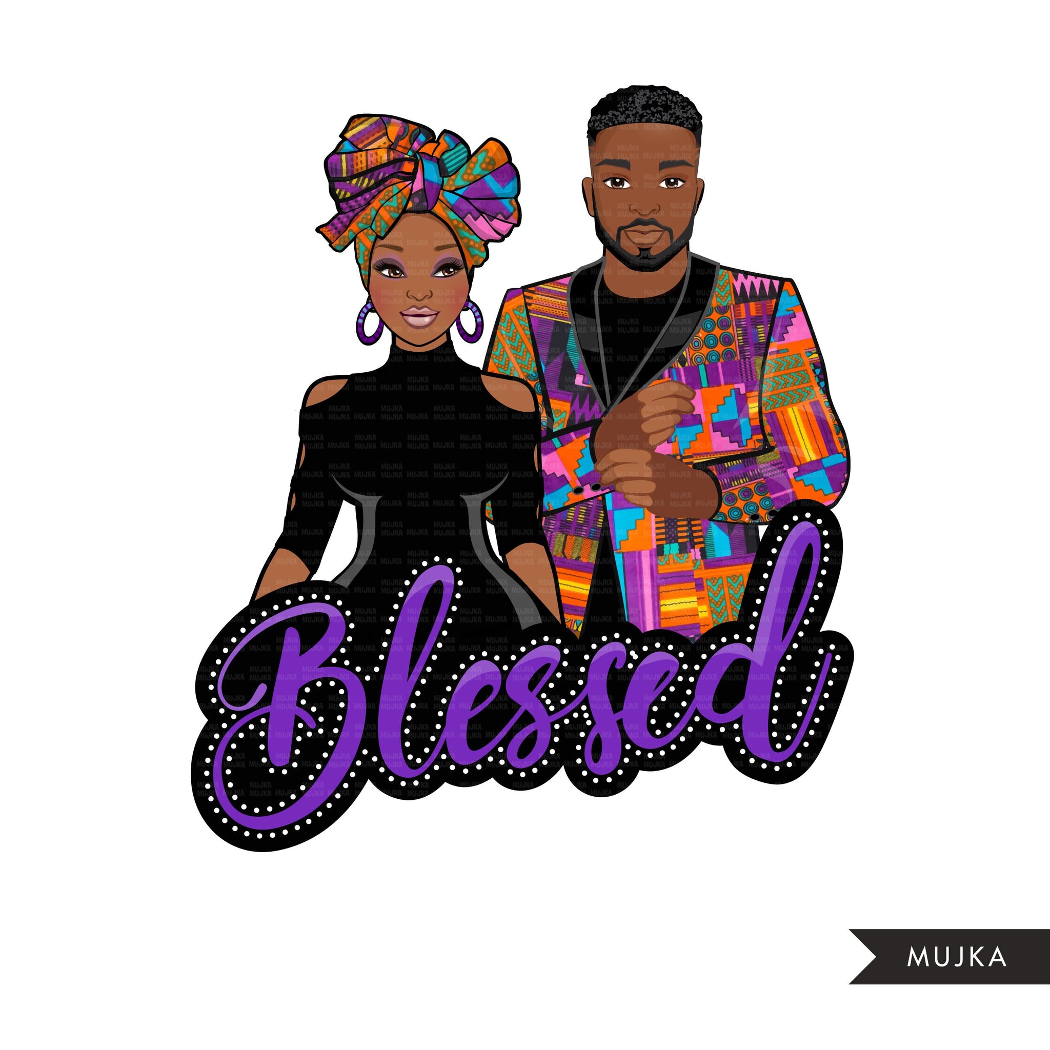 Afro black couple clipart, blessed png, Ankara couple sublimation designs, fashion clipart