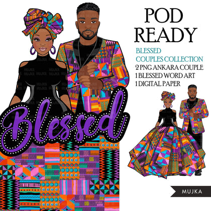 Afro black couple clipart, blessed png, Ankara couple sublimation designs, fashion clipart