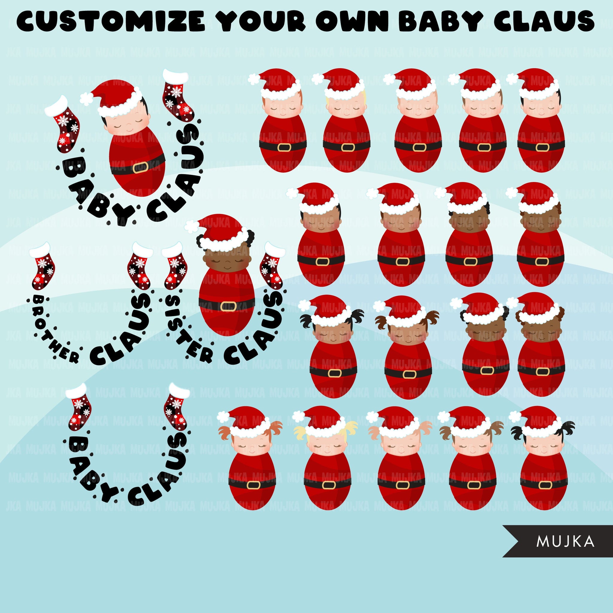 Baby Claus Clipart Bundle, cute Christmas baby clipart, baby Claus png, brother Claus png, sister Claus png, first Christmas sublimation png