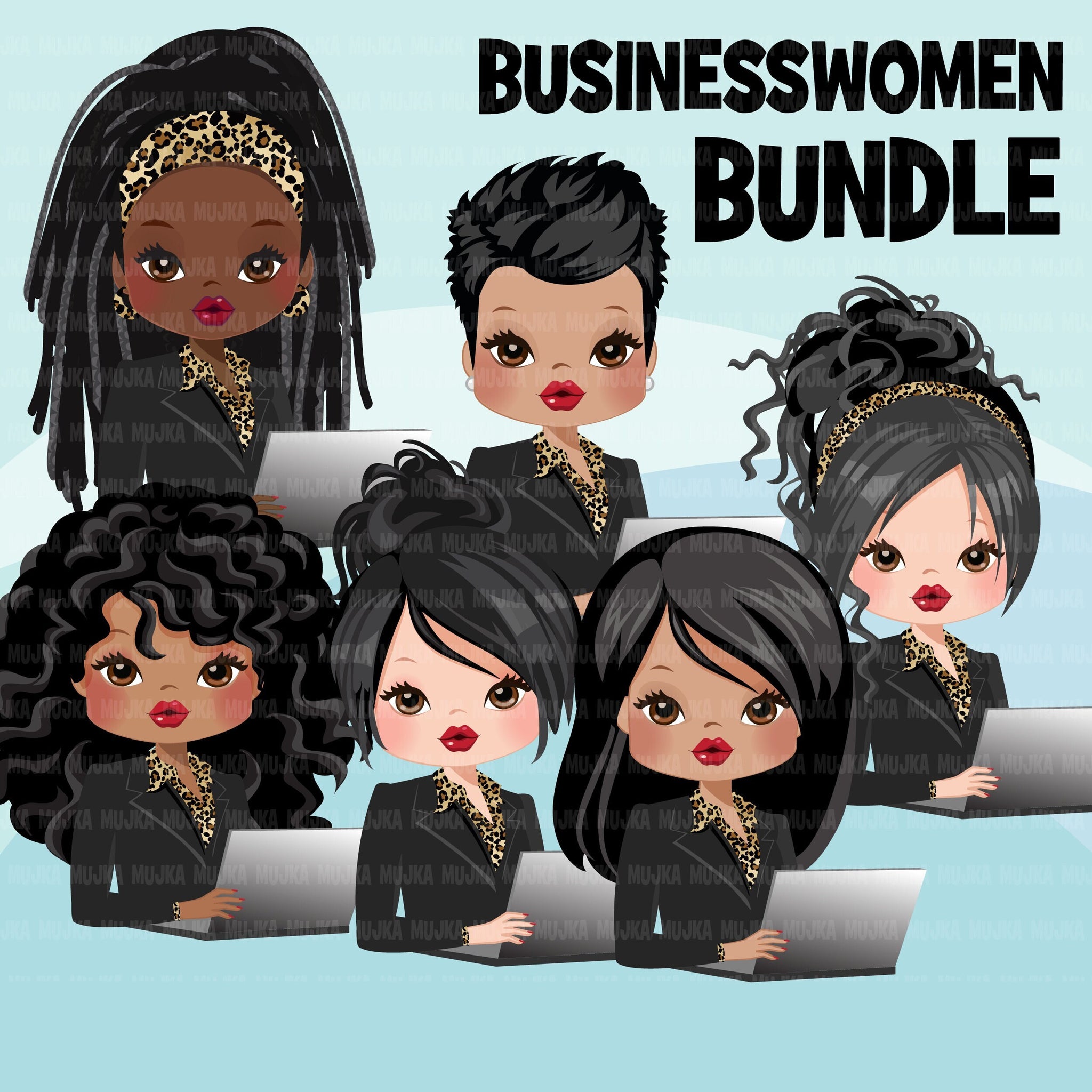 Businesswoman png, business clipart bundle, boss babe png, black boss png, afro girl png, latino woman avatars, shop logo, laptop girl png
