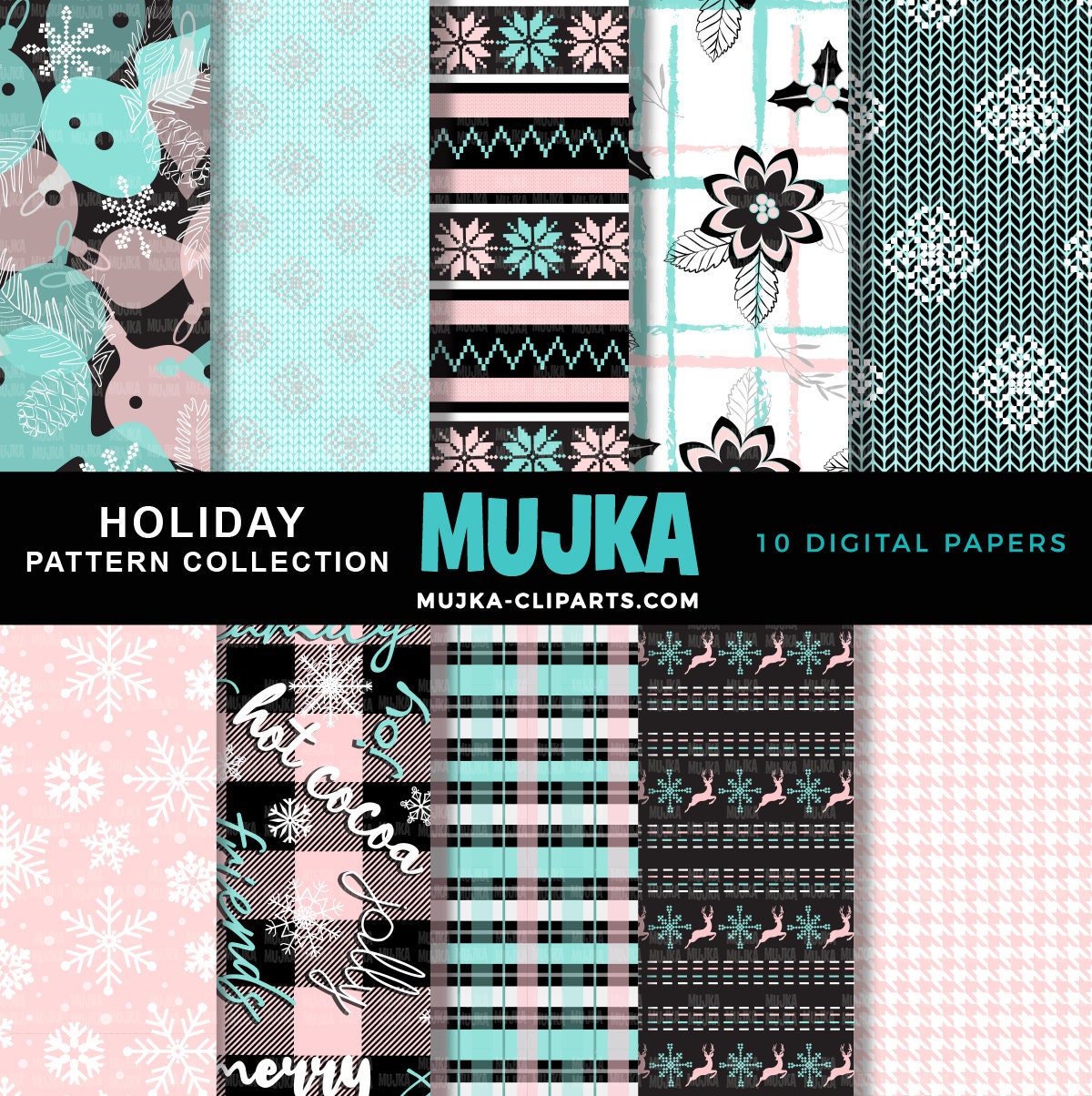 Christmas digital papers, pastel digital papers, pink teal papers, Christmas scrapbook papers, floral papers, png backgrounds, seamless png