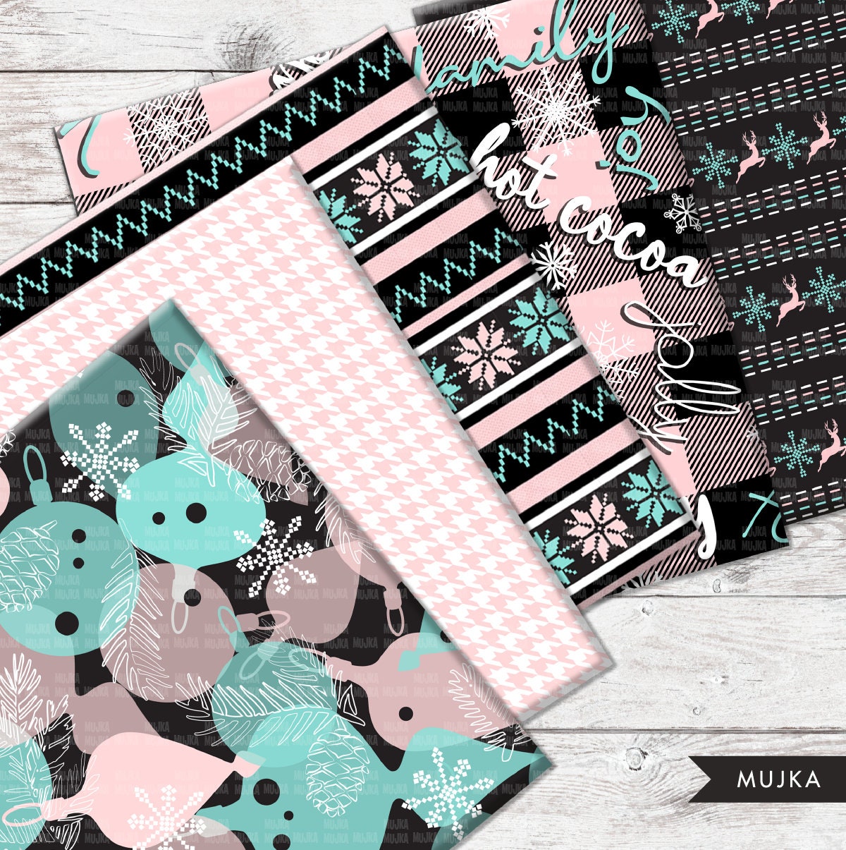 Christmas digital papers, pastel digital papers, pink teal papers, Christmas scrapbook papers, floral papers, png backgrounds, seamless png