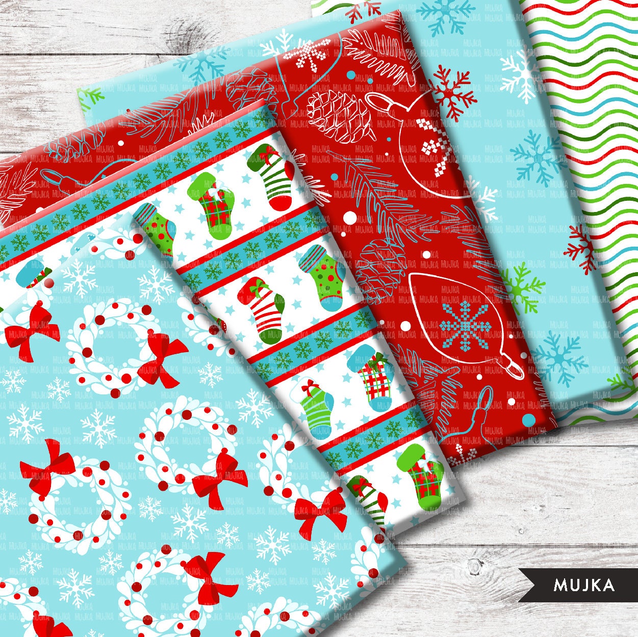 Christmas digital papers, red green blue Christmas papers, Christmas backgrounds, santa digital papers, christmas tree png, cute Christmas