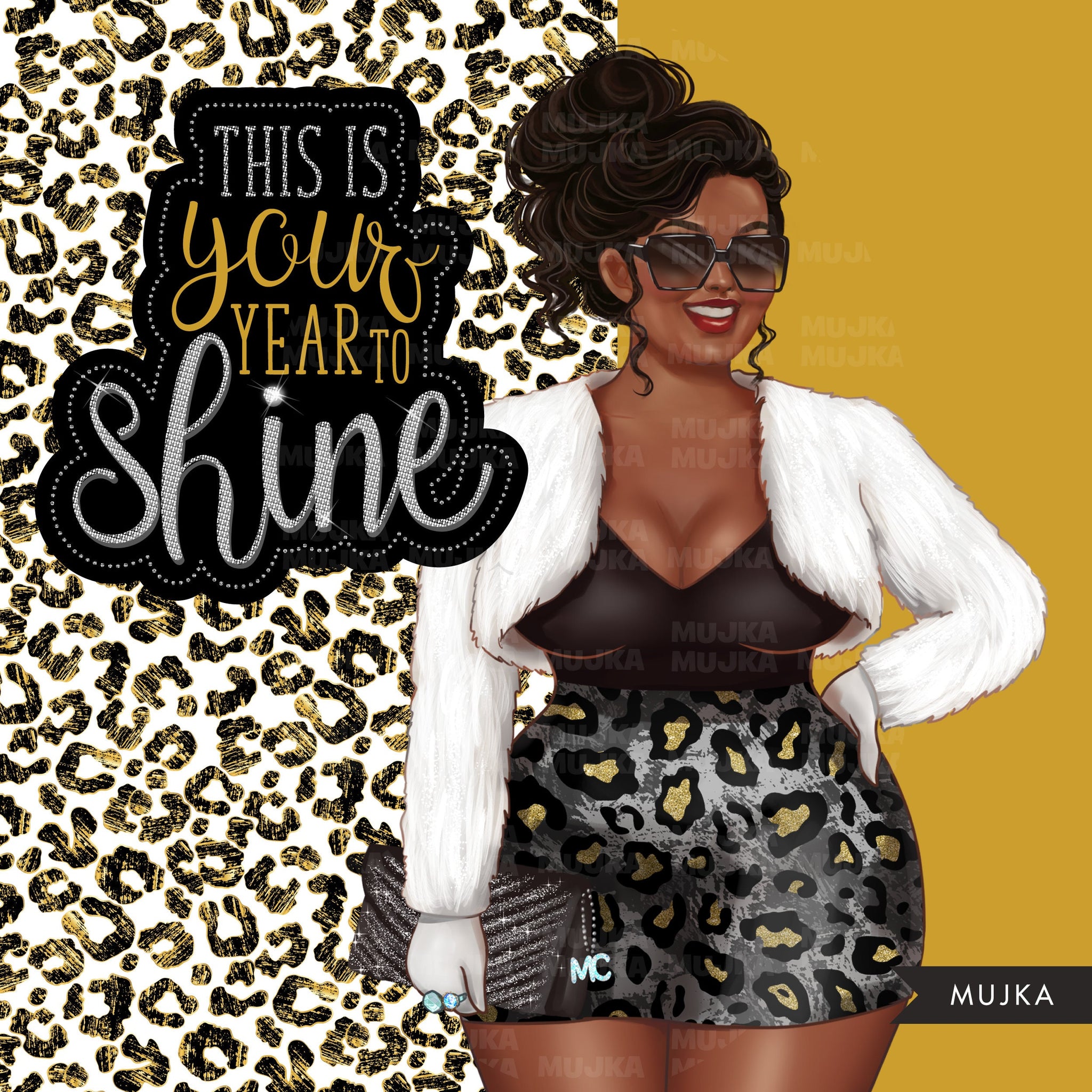 Plus size Fashion Clipart, This is your year to shine png, curvy black woman clipart, leopard png, new year png, sublimation design, planner
