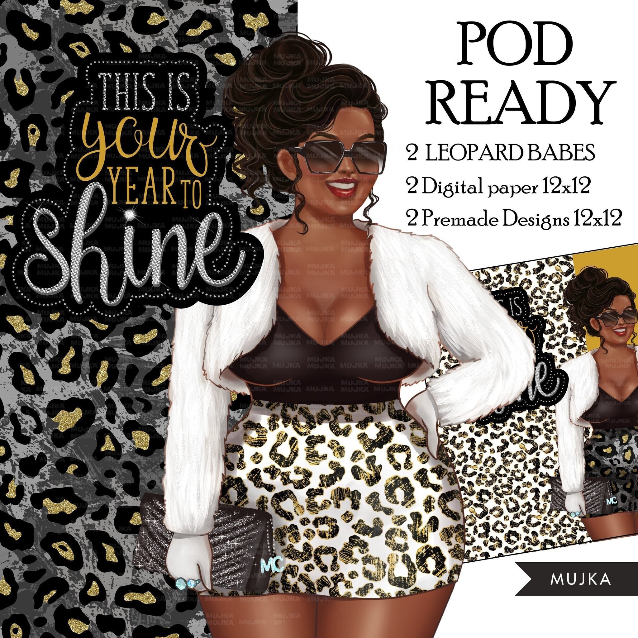 Plus size Fashion Clipart, This is your year to shine png, curvy black woman clipart, leopard png, new year png, sublimation design, planner
