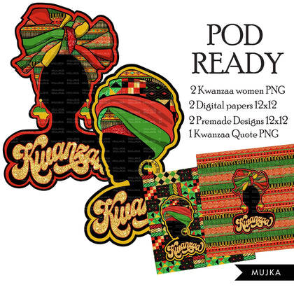 Kwanzaa png, black woman png, kwanzaa digital papers, silhouette woman png, pod ready clipart, sublimation designs, african head wrap png