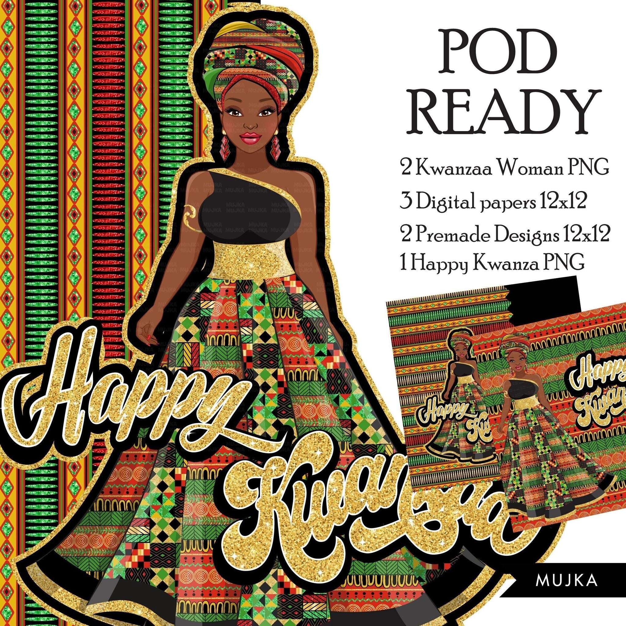 Kwanzaa png, black woman png, kwanzaa digital papers, silhouette woman png, pod ready clipart, sublimation designs, african head wrap png