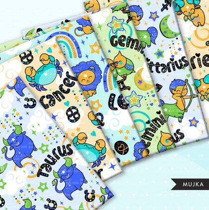 Zodiac Digital papers, seamless baby patterns, boy horoscope designs, printable pattern, digital background, baby boy birthday papers png