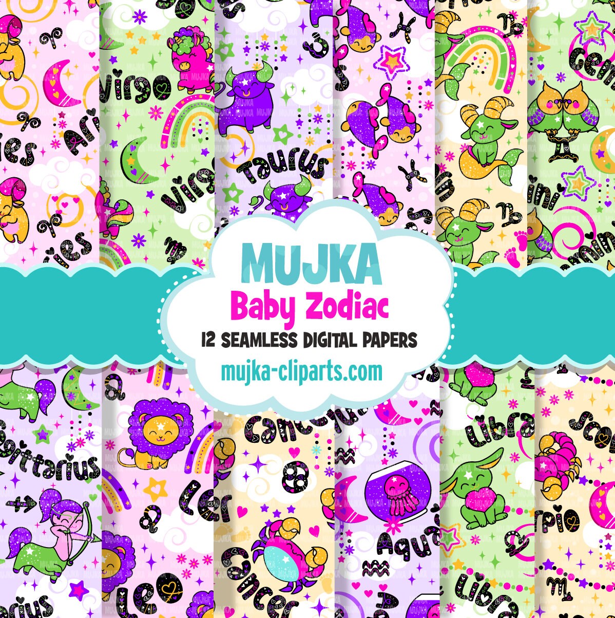 Zodiac Digital papers, seamless baby patterns, girl horoscope designs, printable pattern, digital background, baby girl birthday papers png