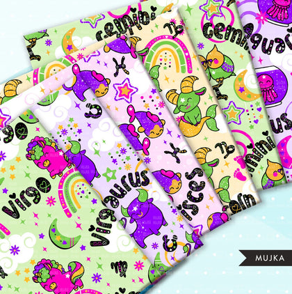 Zodiac Digital papers, seamless baby patterns, girl horoscope designs, printable pattern, digital background, baby girl birthday papers png