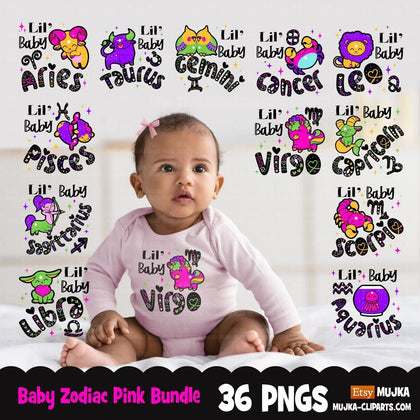 Baby girl zodiac bundle, horoscope png, zodiac signs png, baby zodiac shirts, baby girl png, lil baby png, sublimation designs digital png