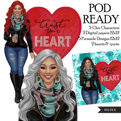 Trust your heart png, Fashion doll png, Valentine's Day clipart, woman png, denim and leather png, queen sublimation designs, heart png