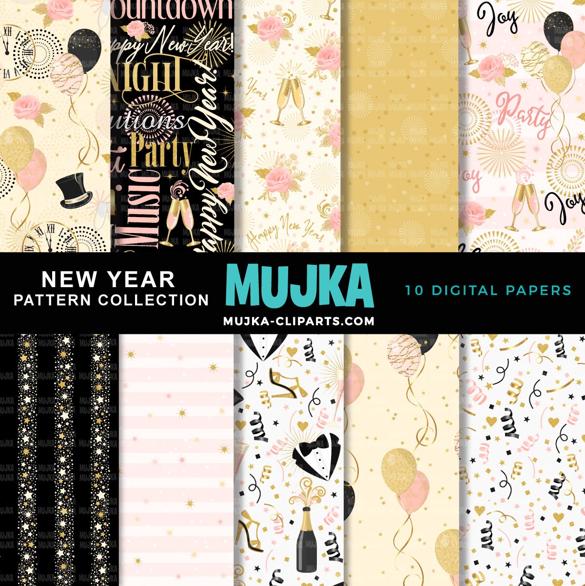 New year digital papers, celebration digital papers, gold glitter patterns, pink Birthday scrapbook papers, seamless background patterns