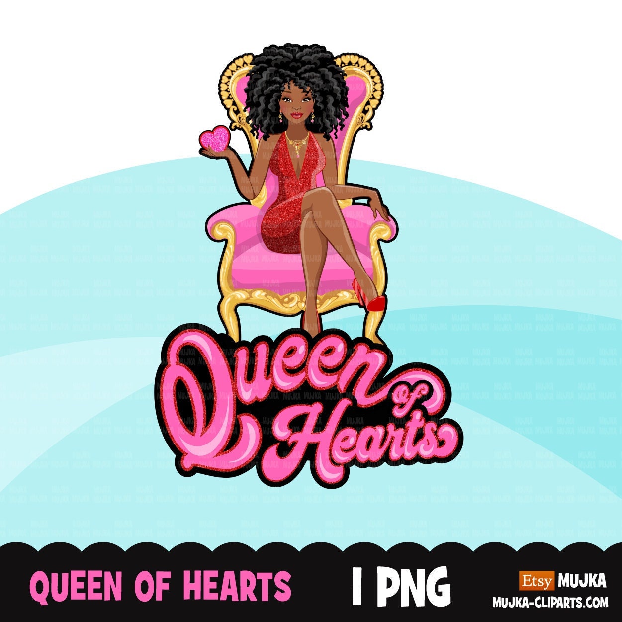 Queen of hearts png, Valentine png, queen black woman clipart, sublimation designs digital, afro fashion doll clipart, planner stickers