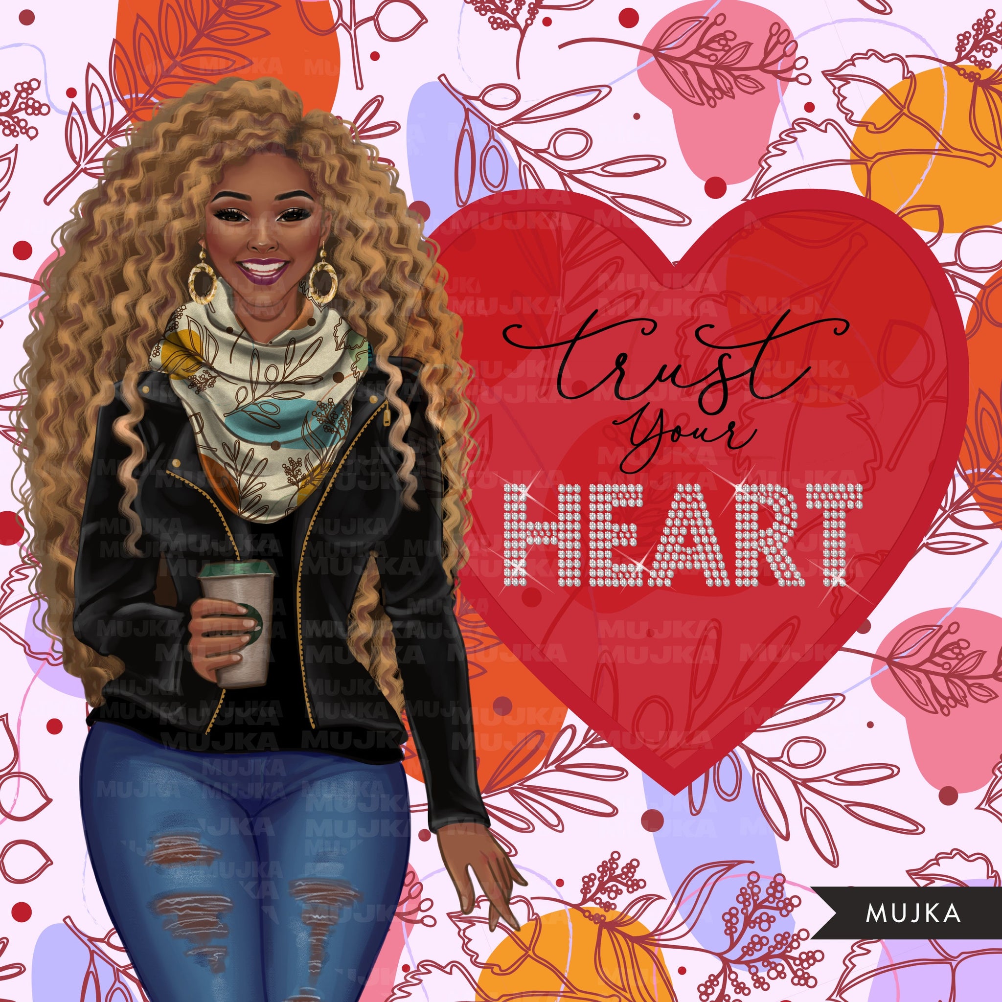Trust your heart png, Fashion doll png, Valentine's Day clipart, Afro black woman png, denim and leather png, afro queen sublimation designs