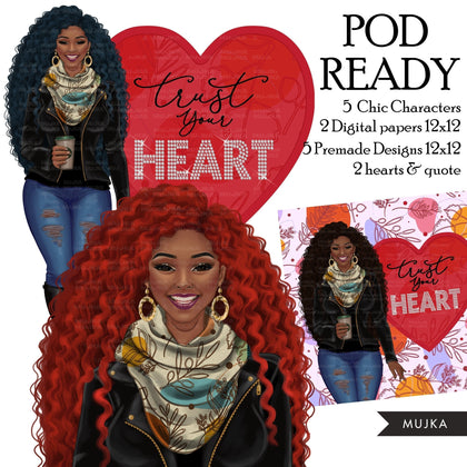 Trust your heart png, Fashion doll png, Valentine's Day clipart, Afro black woman png, denim and leather png, afro queen sublimation designs