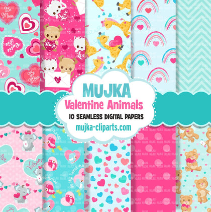 Valentines digital papers, Valentine's day scrapbook papers, Valentine Backgrounds, valentine animals papers, heart background digital png