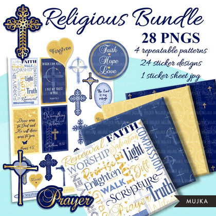 Religious stickers, religious digital paper, religious bundle, Easter printable, prayer clipart, Christian clipart, cross png, religious png