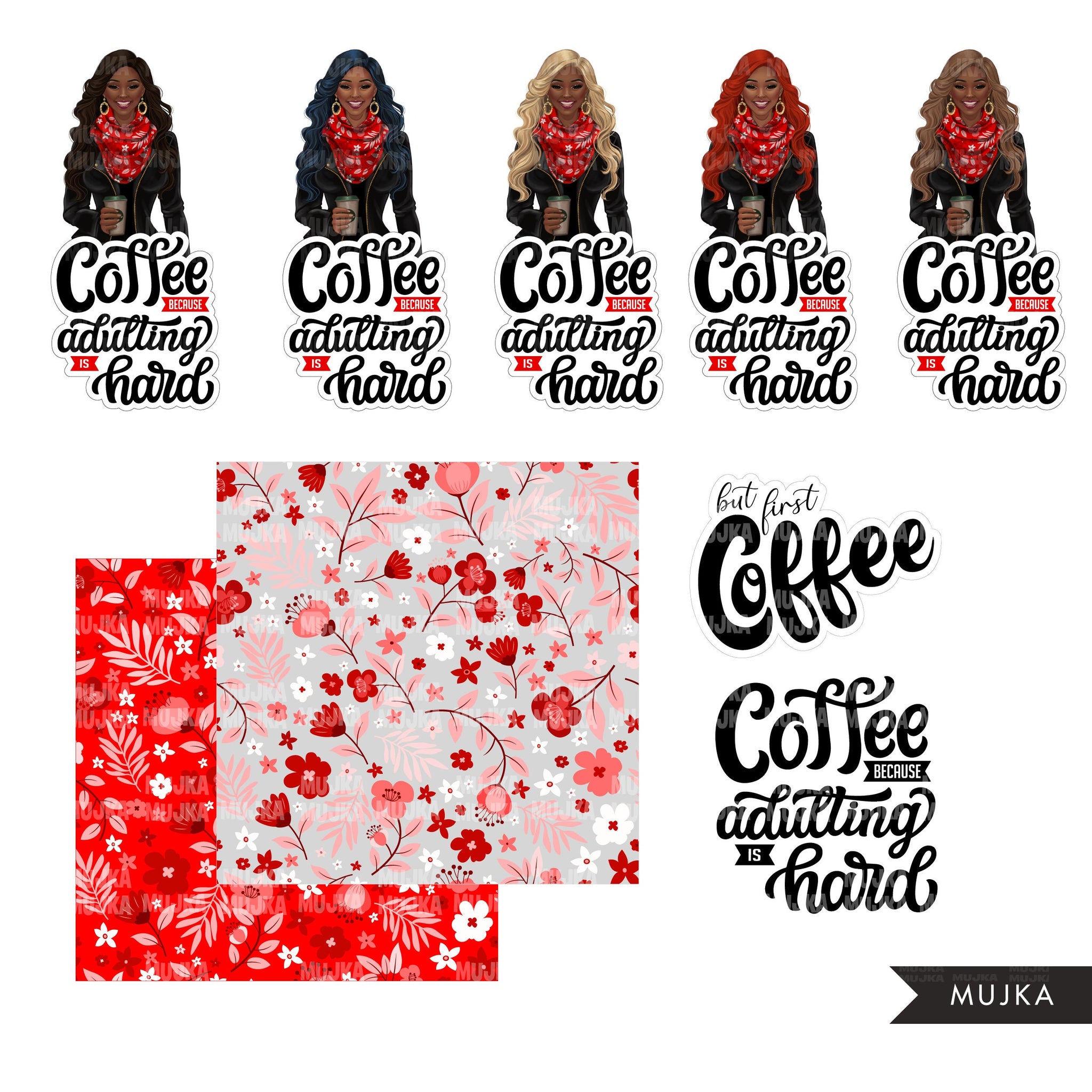 Adulting png, coffee because adulting is hard, fashion girl png, coffee love png, FALL planner dolls png, black woman png, African American women