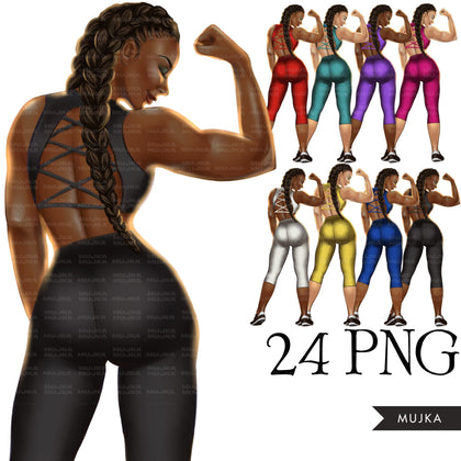 Planner girl png, mulher atlética png, clipart de personal trainer, adesivos de planejador de garota negra, mulheres negras, clipart de mulher latina, boneca digital