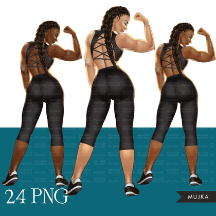 Planner girl png, mulher atlética png, clipart de personal trainer, adesivos de planejador de garota negra, mulheres negras, clipart de mulher latina, boneca digital