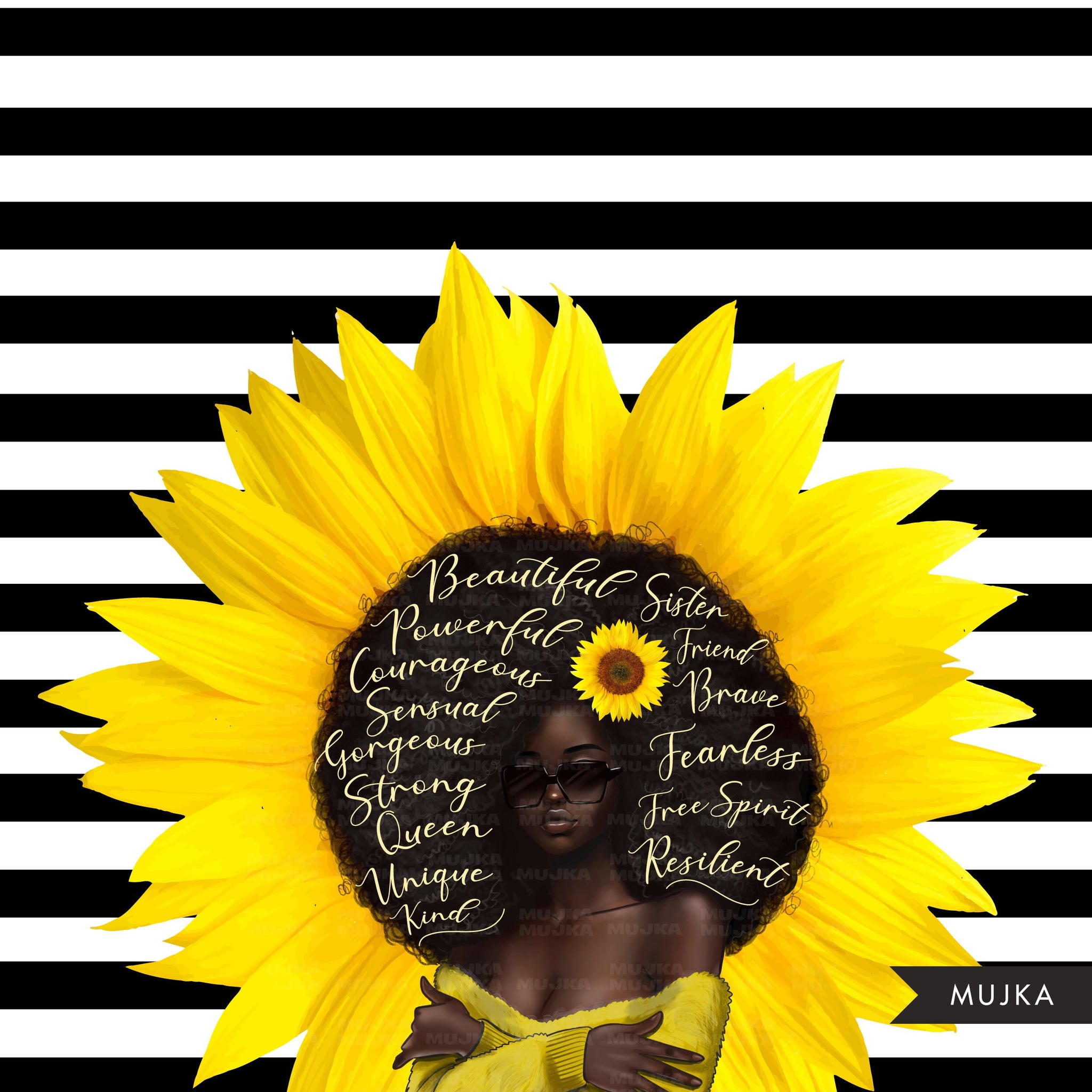 Black woman png, sunflower queen png, fashion clipart, Sunshine background, planner doll, afro girl, empowerment quotes, sublimation designs