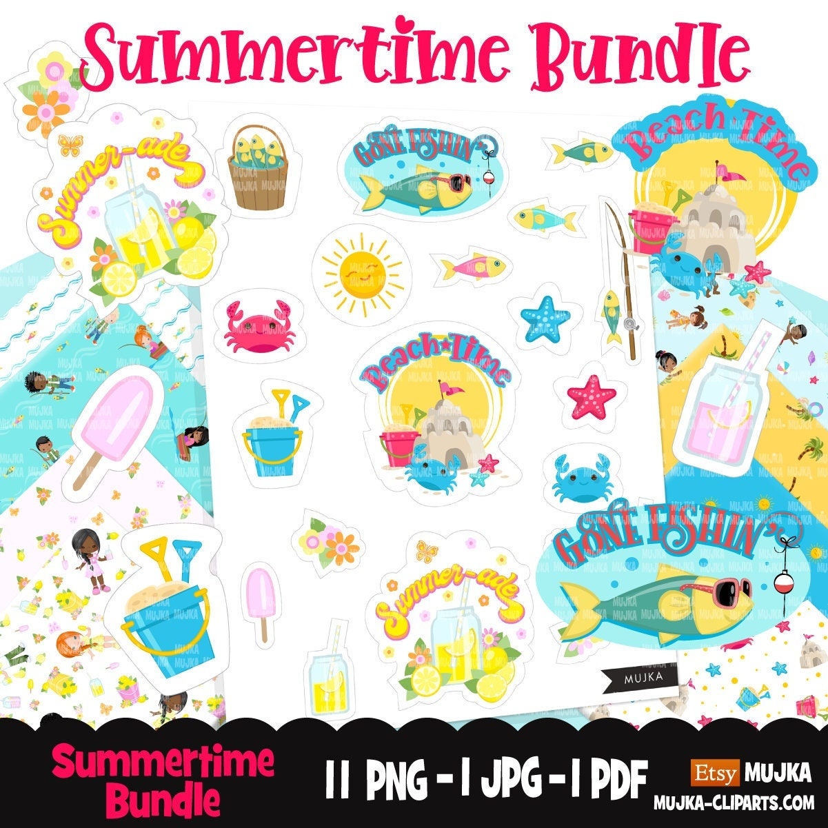 Summer stickers, planner stickers bundle, summer digital papers, pre-cropped stickers, digital patterns, vacation stickers, summer png