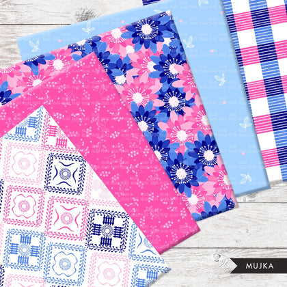 Pink & Blue Sorority digital papers, summer seamless patterns, sublimation designs, digital papers, floral papers, geometric patterns