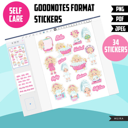 Digital Self Care stickers, Goodnotes stickers, planner stickers, png precropped stickers, printable  spa stickers, spa sublimation png