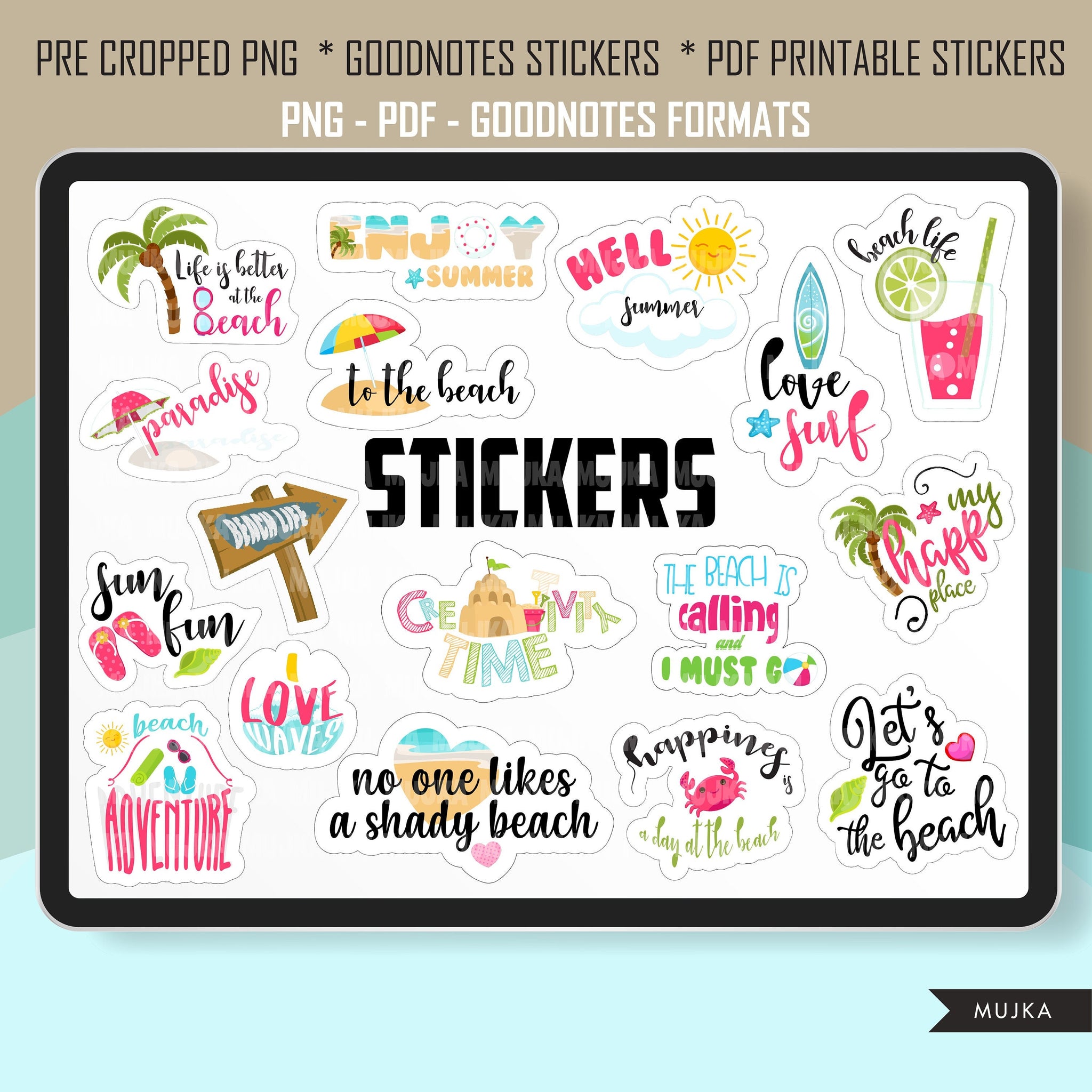 BEACH SUMMER stickers, Goodnotes stickers, planner stickers, png precropped stickers, printable SUMMER stickers, travel sublimation png