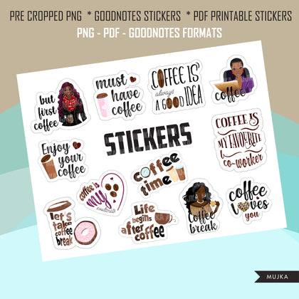 Coffee stickers, Goodnotes stickers, planner stickers, png precropped stickers, printable coffee stickers, black woman sublimation png