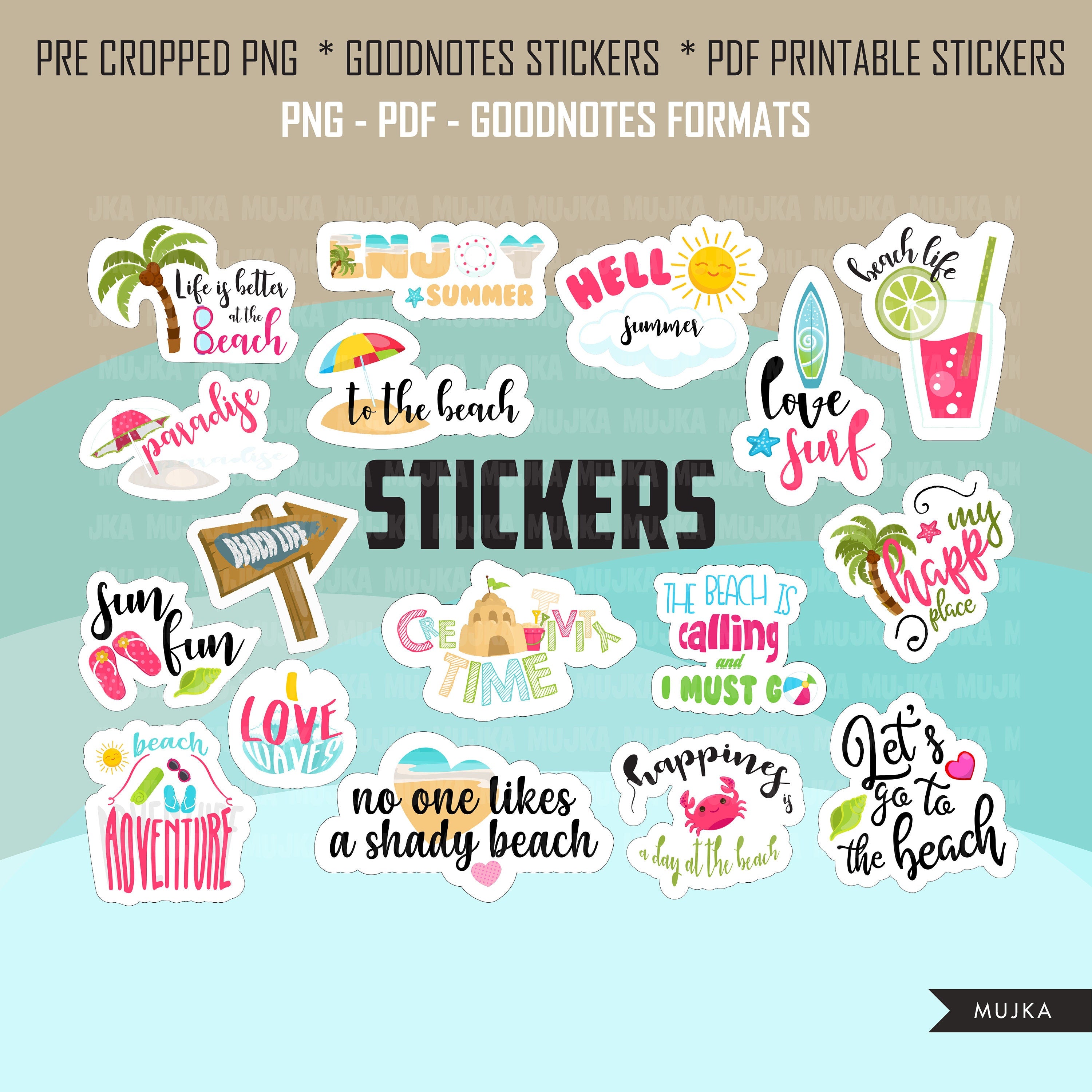 BEACH SUMMER stickers, Goodnotes stickers, planner stickers, png precr –  MUJKA CLIPARTS